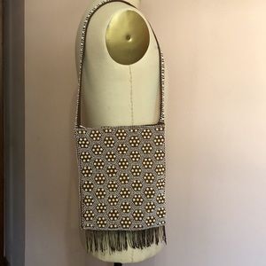 Vintage Brown Cream and White Beaded Fringe Shoulder Bag, Vintage Beaded Bag